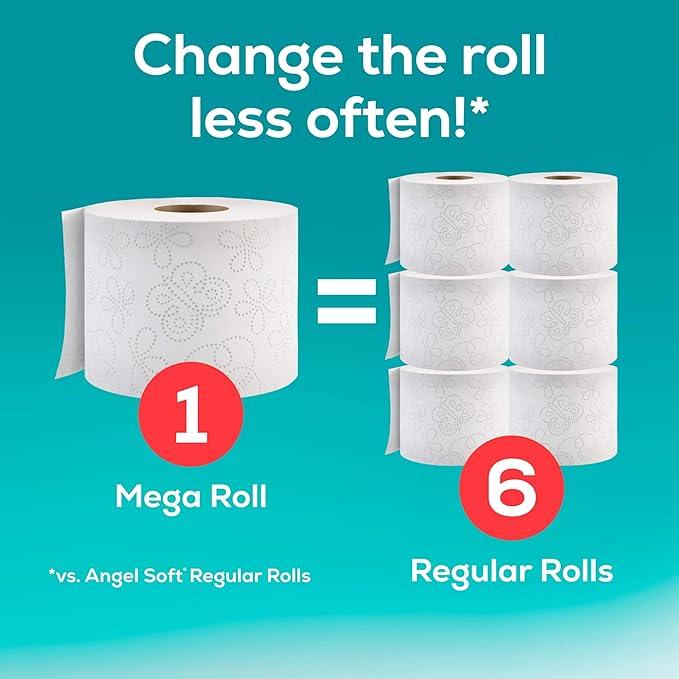 Angel Soft Toilet Paper, 6 Super Mega Rolls = 36 Regular Rolls, Soft and Strong Toilet Tissue Pack Sheets