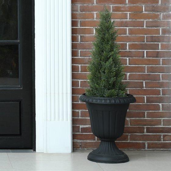 Artificial Cedar Topiary Trees for Outdoors, Fake Cypress Plants with Solar Light String, Faux resistant Plants for Decor Decorative Fruit Ornaments