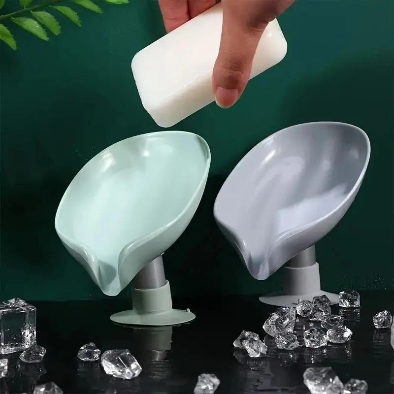 Solid Color Leaf Shaped Soap Dish, 1 Count Countertop Suction Cup Soap Drain Holder, Home Organizer For Bathroom Kitchen