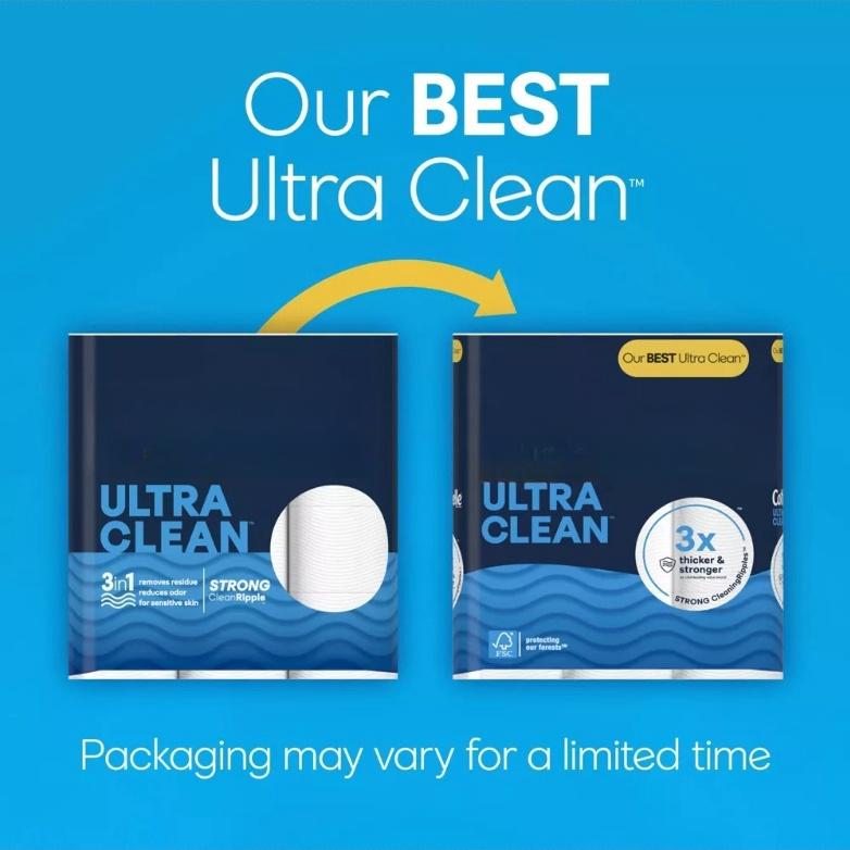 Ultra Clean Strong Toilet Paper with Active CleaningRipples Texture,Removes residue, Reduces odor, and is designed for sensitive skin, 36 Family Mega Rolls (36 Family Mega Rolls = 144 Regular Rolls) , 284 Sheets Per Roll, Packaging May Vary