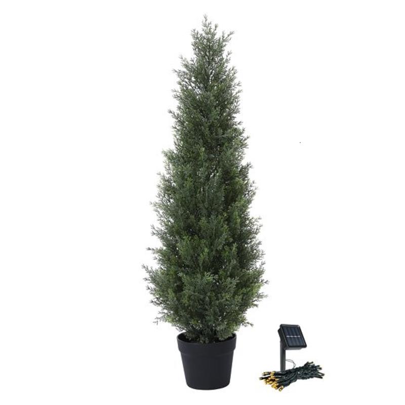 Artificial Cedar Topiary Trees for Outdoors, Fake Cypress Plants with Solar Light String, Faux resistant Plants for Decor Decorative Fruit Ornaments