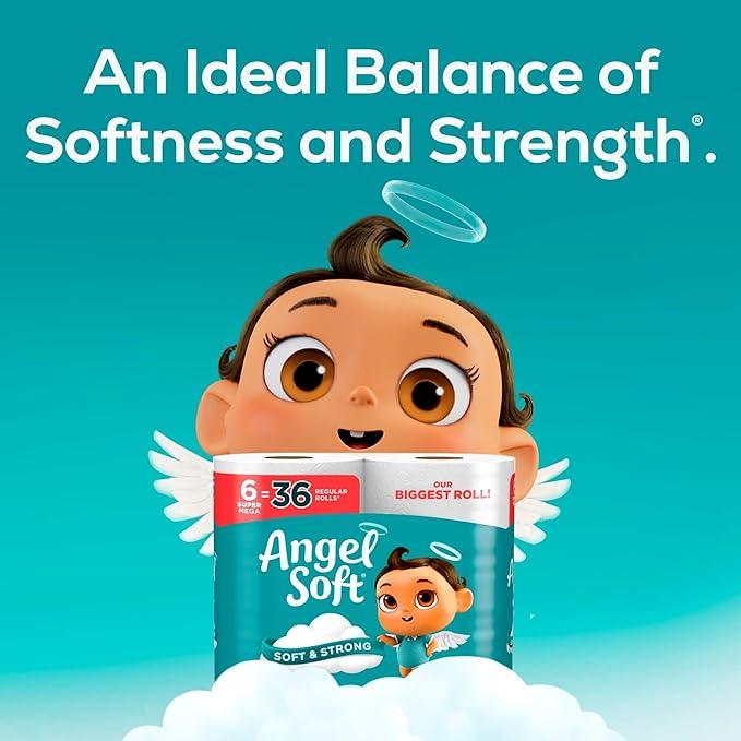 Angel Soft Toilet Paper, 6 Super Mega Rolls = 36 Regular Rolls, Soft and Strong Toilet Tissue Pack Sheets