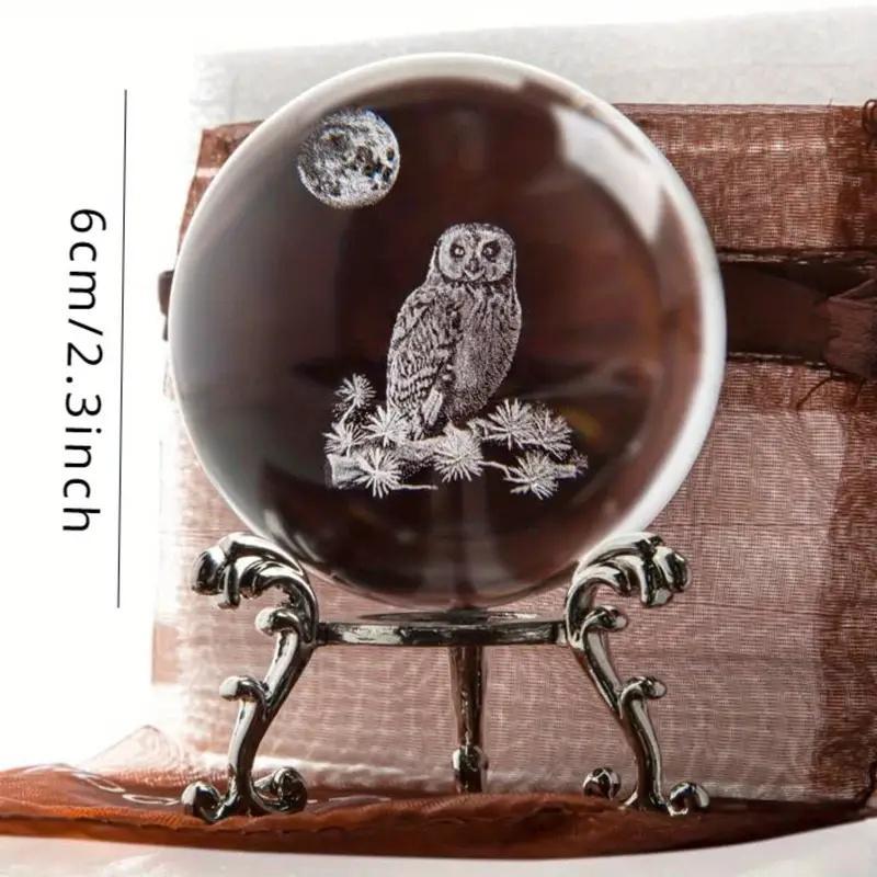 Owl Pattern Crystal Ball Ornament, 1 Count 3D Laser Glass Ball with Holder, Decorative Ball for Home Living Room Office, Gift for Friend