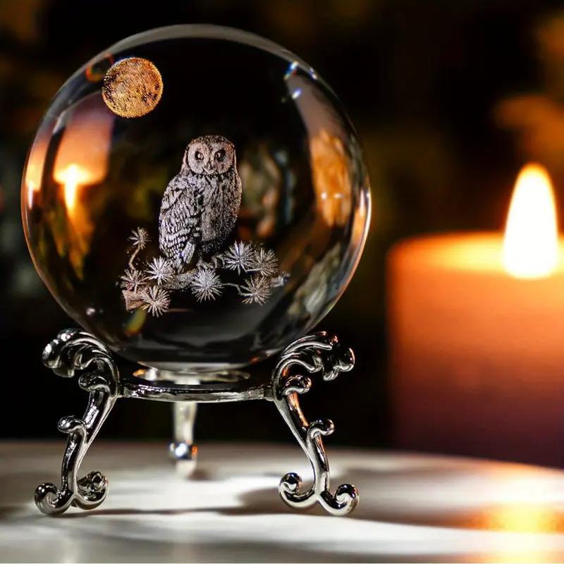 Owl Pattern Crystal Ball Ornament, 1 Count 3D Laser Glass Ball with Holder, Decorative Ball for Home Living Room Office, Gift for Friend