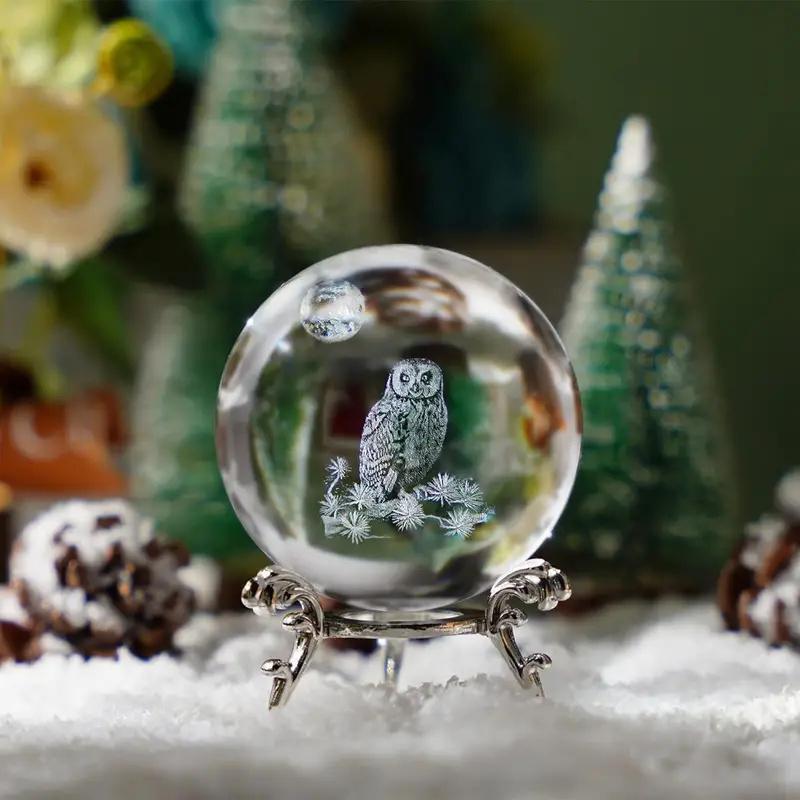 Owl Pattern Crystal Ball Ornament, 1 Count 3D Laser Glass Ball with Holder, Decorative Ball for Home Living Room Office, Gift for Friend