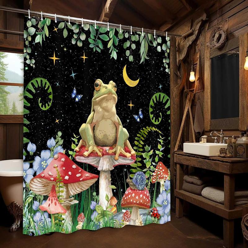 Mushroom Shower Curtain, Boho Moon Stars Aesthetic Floral Shower Curtains, Funny Frog Cottagecore Decor with Hooks - 69x70 inches Waterproof