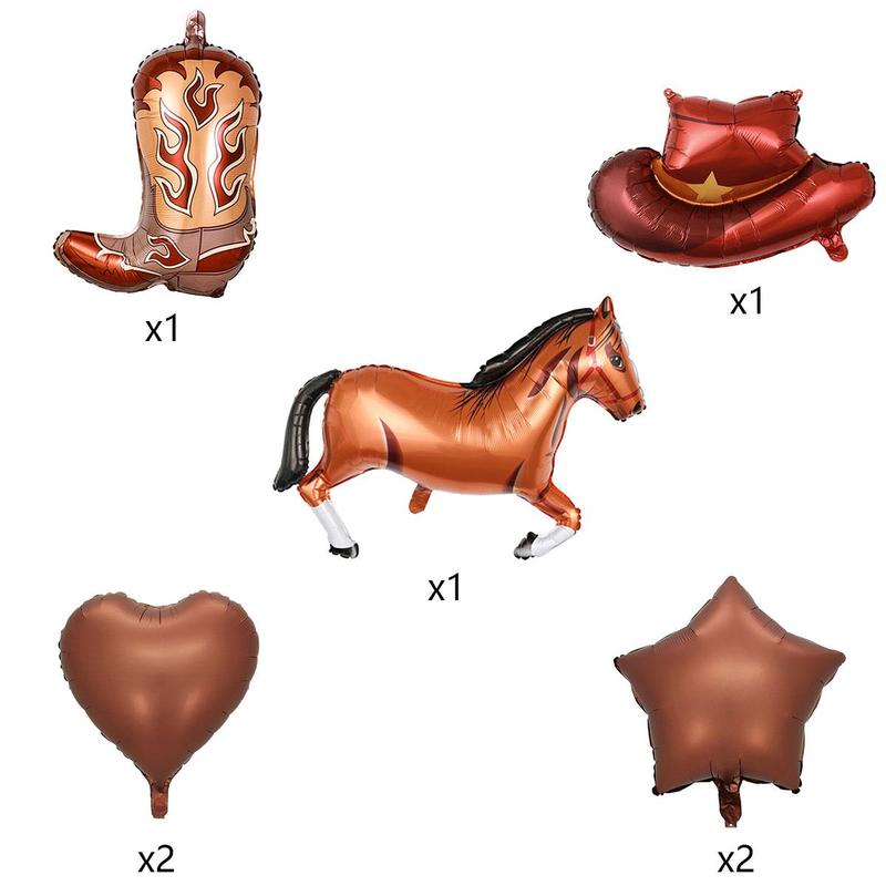 Cowboy Theme Balloon Set, 7 Counts set Horse & Cowboy Boots & Hat & Heart & Star Shape Inflatable Balloon, Birthday Party, Western Wild Party Decorative Supplies