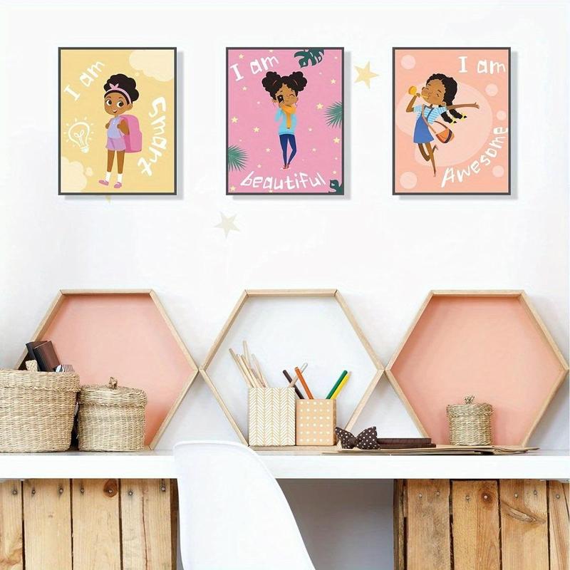  Little Girl & Letter Pattern Wall Art without Frame, 9pcs set Frameless Black Girl Wall Painting Art Decor, Motivational Posters for Girls Bedroom, Art Paint for Girls Teen Wall Decorations