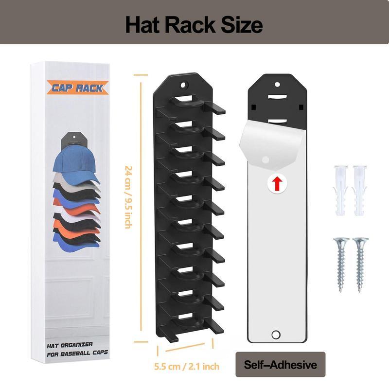 Wall Hat Rack – 10-Hat Adjustable Organizer with Adhesive or Drill-Mount, Space-Saving Storage for Door or Wall, Easy Installation