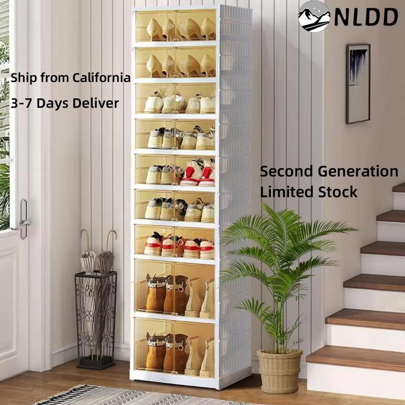 NLDD 9-Tier Foldable Light Shoe Rack Organizer Collapsible & Stackable Plastic Storage Clear Narrow Cabinet for Space-Saving Home Organization Box