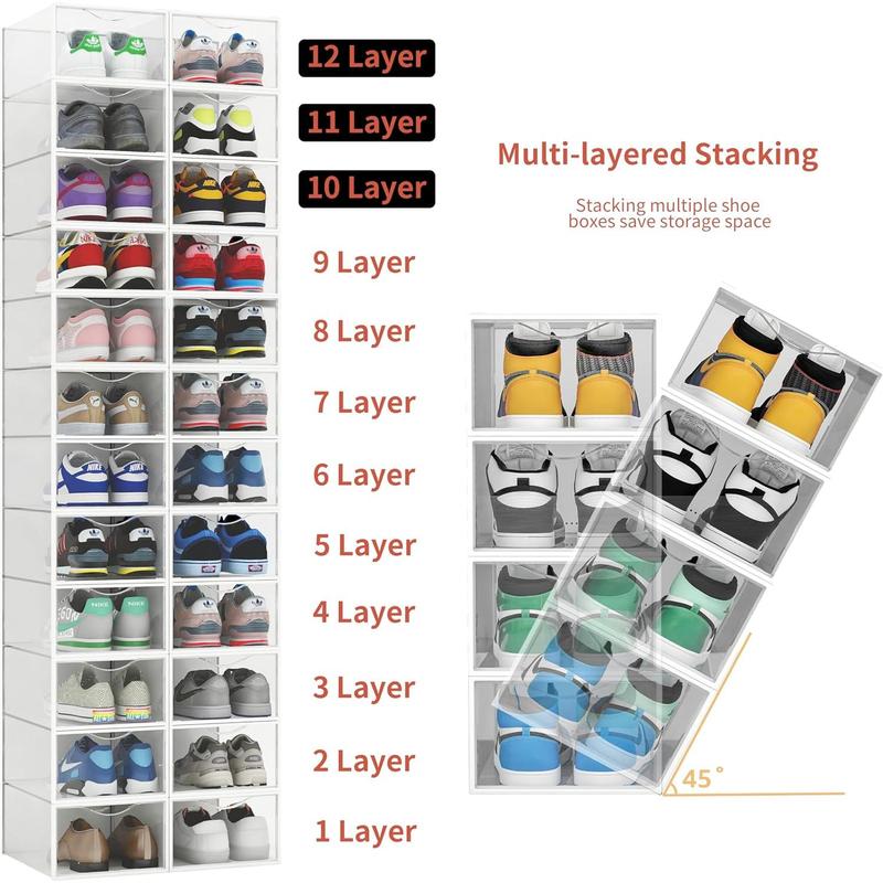 12 Pack Shoe Storage Bins, Clear Plastic Stackable Shoe Organizer for Closet, Space Saving Foldable Shoe Rack, Shoe Box Sneaker Holder Container