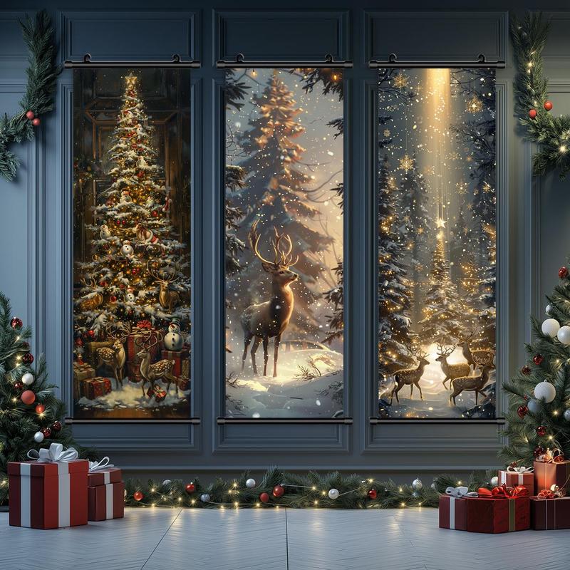 Christmas Themed Wall Banner, 3 Counts set Exquisite Christmas Tree & Deer Pattern Wall Decor, Wall Art for Home Living Room Bedroom Decor