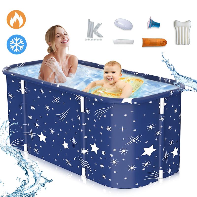 47in Large Foldable Bathtub for 2 People, Portable Adults Kid Tubs for Hot Ice Bath,Blue