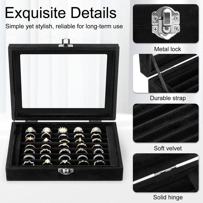 7 Slots Ring Holder Storage Box Velvet Ring Display Case  Earrings Necklace Organizer Tray with Top Glass Lid Store Showcase Gift for Women Girls (Black)