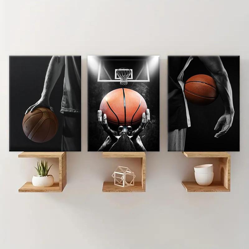 Basketball Themed Wooden Framed Canvas Painting, 3 Counts Modern Basketball Sports Wall Art, Wall Decor for Home Living Room Bedroom Office