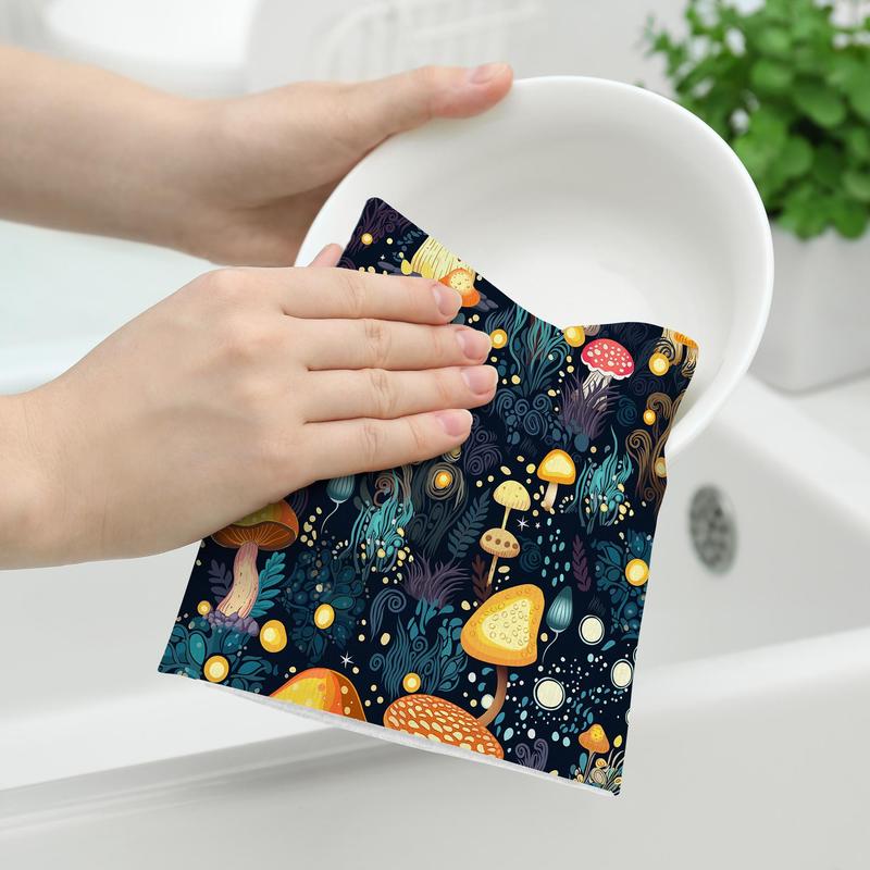 Soft Absorbent Cleaning Cloth, 2pcs Mushroom Print Kitchen Towel Set, Household Cleaning Products for Kitchen