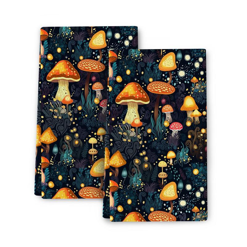 Soft Absorbent Cleaning Cloth, 2pcs Mushroom Print Kitchen Towel Set, Household Cleaning Products for Kitchen