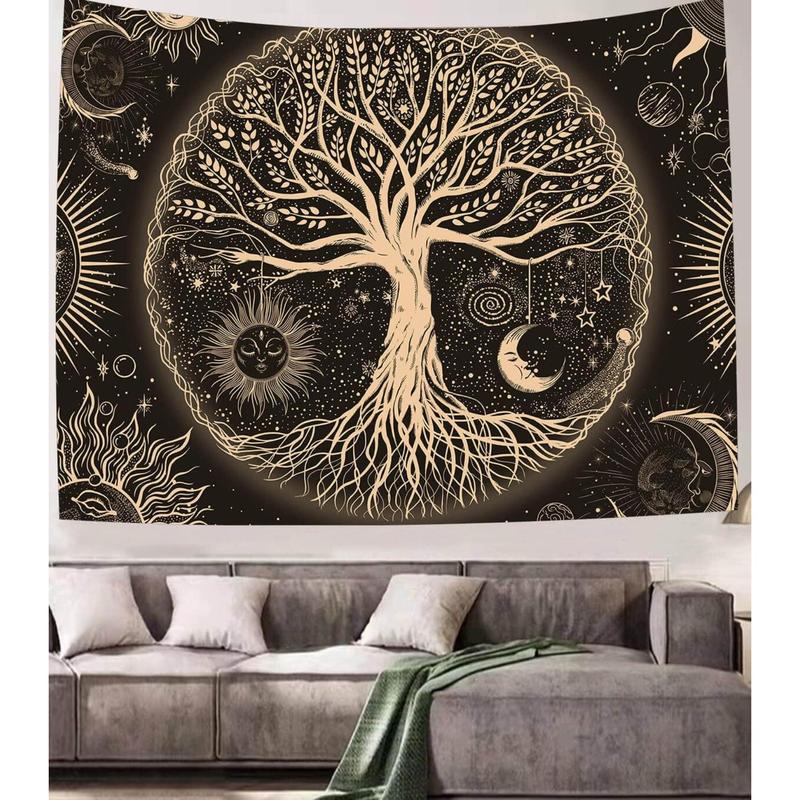 Tree of Life Tapestry Wall Hanging Sun Moon Stars Tapestries Aesthetic Galaxy Wall Tapestry Nature Home Decoration for Living Room Bedroom(36 x 48 Inch, Black and Gold)