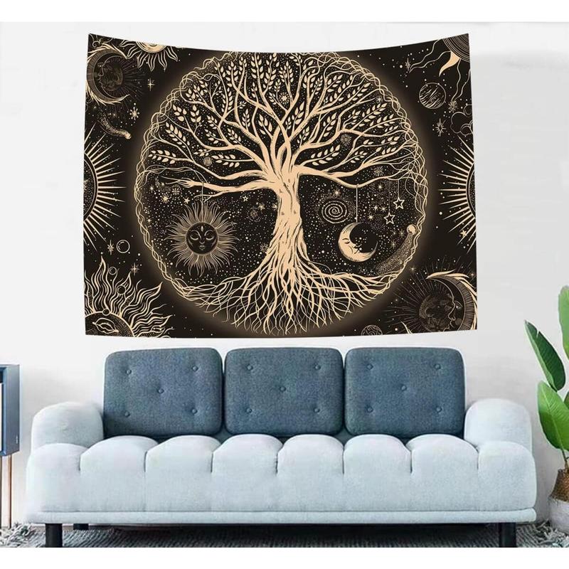 Tree of Life Tapestry Wall Hanging Sun Moon Stars Tapestries Aesthetic Galaxy Wall Tapestry Nature Home Decoration for Living Room Bedroom(36 x 48 Inch, Black and Gold)