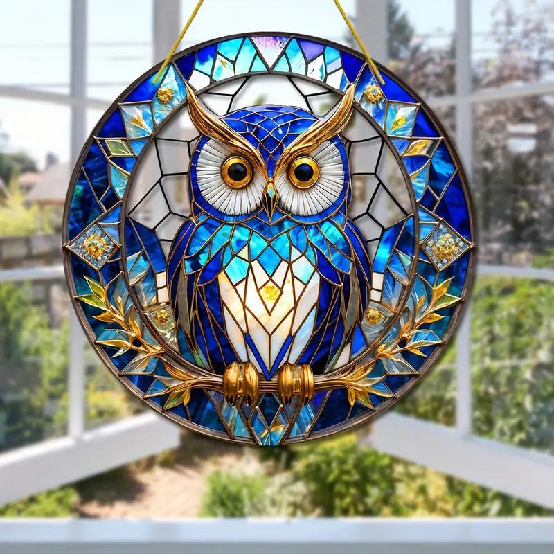 Stunning 8x8 Inch Pre-Drilled Stained Glass Owl Hanging Decoration - Perfect for Windows, Doors, Walls, and More - Weather Resistant and Waterproof - Ideal for Home Decor and Festive Occasions