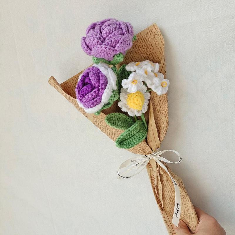 Handmade Crochet Floral Bouquet, Summer Realistic Knitted Cute Floral Bouquet, Handmade Flowers Bouquet, Decorative Indoor Plants, Home Decor, Room Decor, Home Accessories, Bedroom Accessories