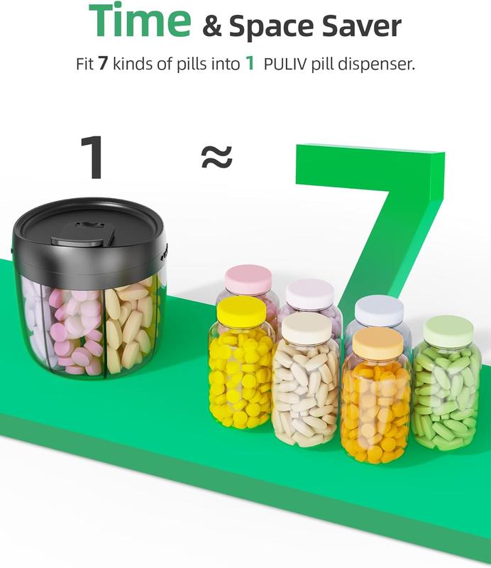 Portable Pill Dispenser Bottle with 7 Compartments -  Easy to Retrieve Meds, Includes 20 Pcs Sticky Labels - Anti-Mixing  Design - Travel Organizers