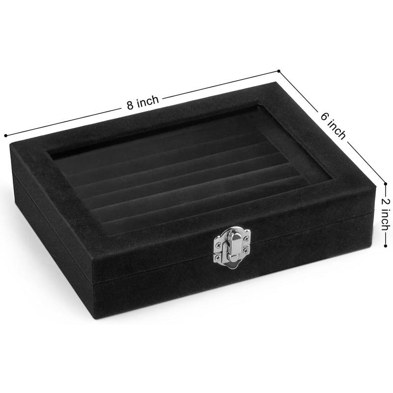 7 Slots Ring Holder Storage Box Velvet Ring Display Case  Earrings Necklace Organizer Tray with Top Glass Lid Store Showcase Gift for Women Girls (Black)