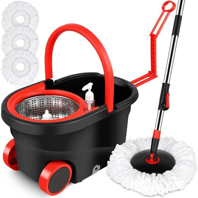 Colorful 360 Spin Mop Bucket Set Wringer System with 3 Microfiber Refills and Stainless Steel Extendable Pole - Plastic Bucket