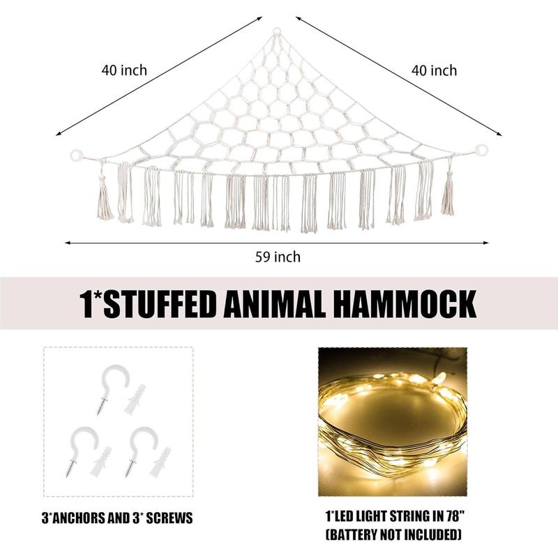 Stuffed  Hammock with LED Light,  Hammock for Stuffed  Storage for  Room Decor, Stuffed  Hammock Corner, White