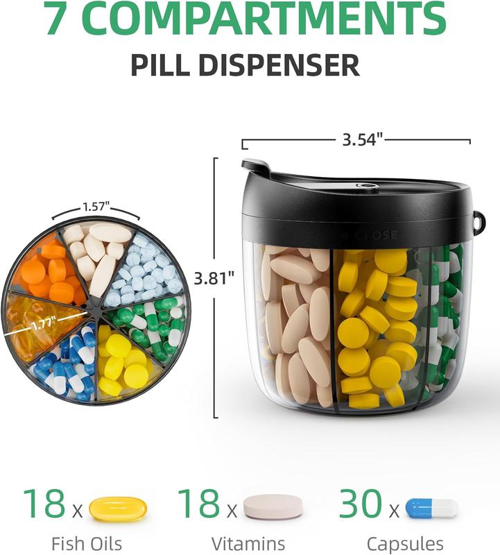 Portable Pill Dispenser Bottle with 7 Compartments -  Easy to Retrieve Meds, Includes 20 Pcs Sticky Labels - Anti-Mixing  Design - Travel Organizers