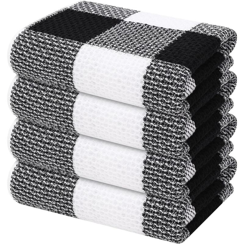 Cotton Waffle Weave Kitchen Towels, 13 x 28 Inches, Super Soft and Absorbent Buffalo Check Dish Towels for Drying Dishes, 4-Pack, Black & White Cleaning