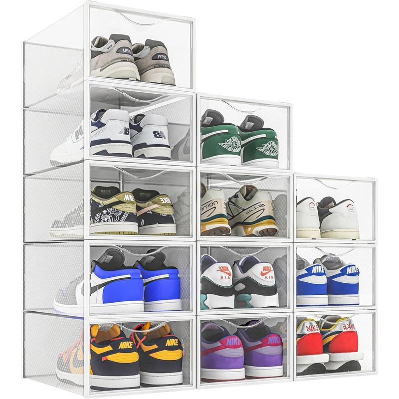 12 Pack Shoe Storage Bins, Clear Plastic Stackable Shoe Organizer for Closet, Space Saving Foldable Shoe Rack, Shoe Box Sneaker Holder Container