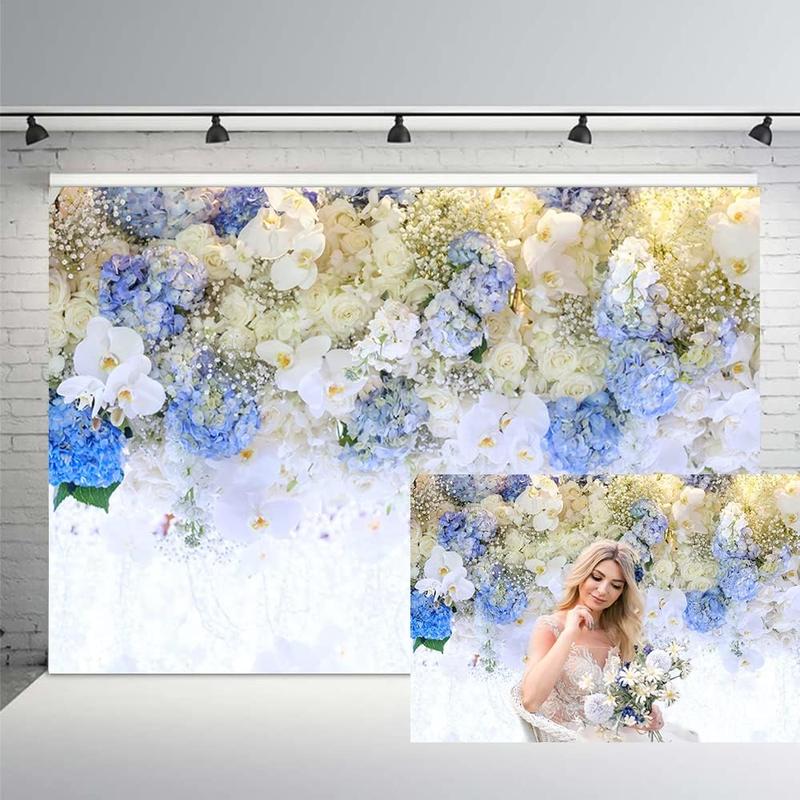 7x5ft Spring White Blue Flower  Glitter Photography Backdrop Rose Floral Wall Wedding Bridal Shower Background Ladies  Party Girls Portrait Lovers Annivery Photo Studio Props