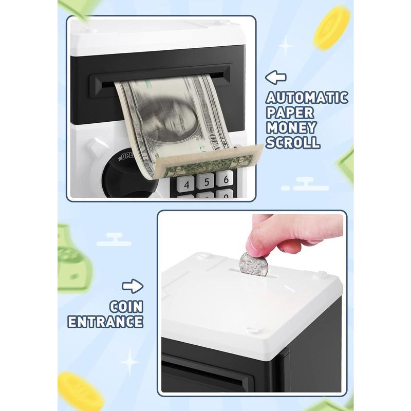 Piggy  for Girls Boys Large  Money  Banks with Password Protection, Automatic  Scroll Saving Box,  Gift for (Black-White)