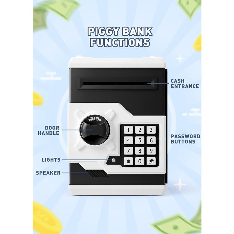 Piggy  for Girls Boys Large  Money  Banks with Password Protection, Automatic  Scroll Saving Box,  Gift for (Black-White)