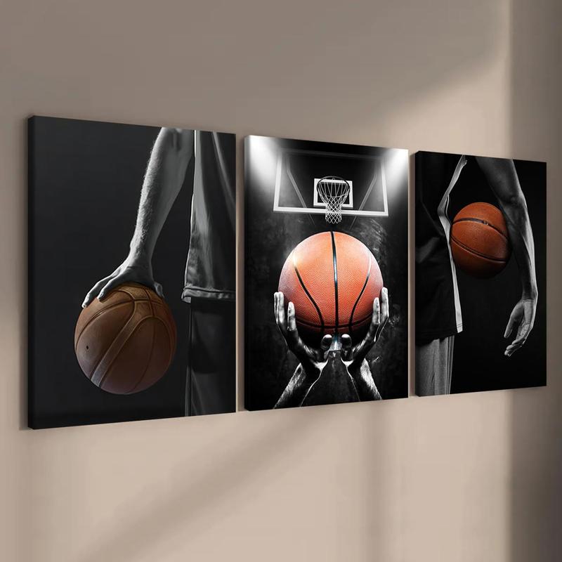 Basketball Themed Wooden Framed Canvas Painting, 3 Counts Modern Basketball Sports Wall Art, Wall Decor for Home Living Room Bedroom Office