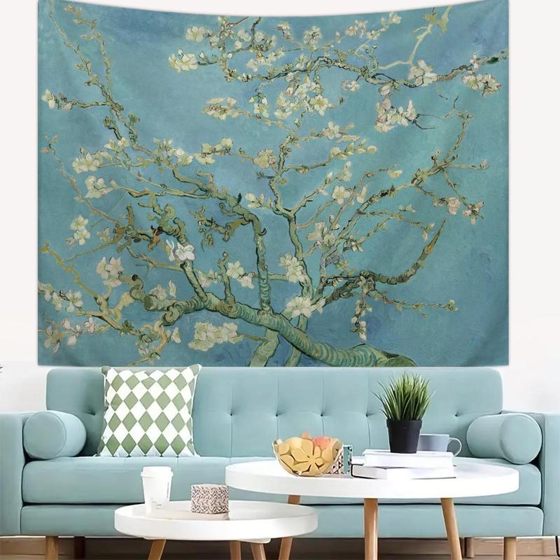 Tree Oil Painting Series Tapestry, 1 Count Plant and Flower Vintage Tapestry with Installation Kit, Bedroom and Living Room Art Decoration Wall Hanging