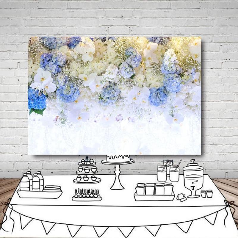 7x5ft Spring White Blue Flower  Glitter Photography Backdrop Rose Floral Wall Wedding Bridal Shower Background Ladies  Party Girls Portrait Lovers Annivery Photo Studio Props