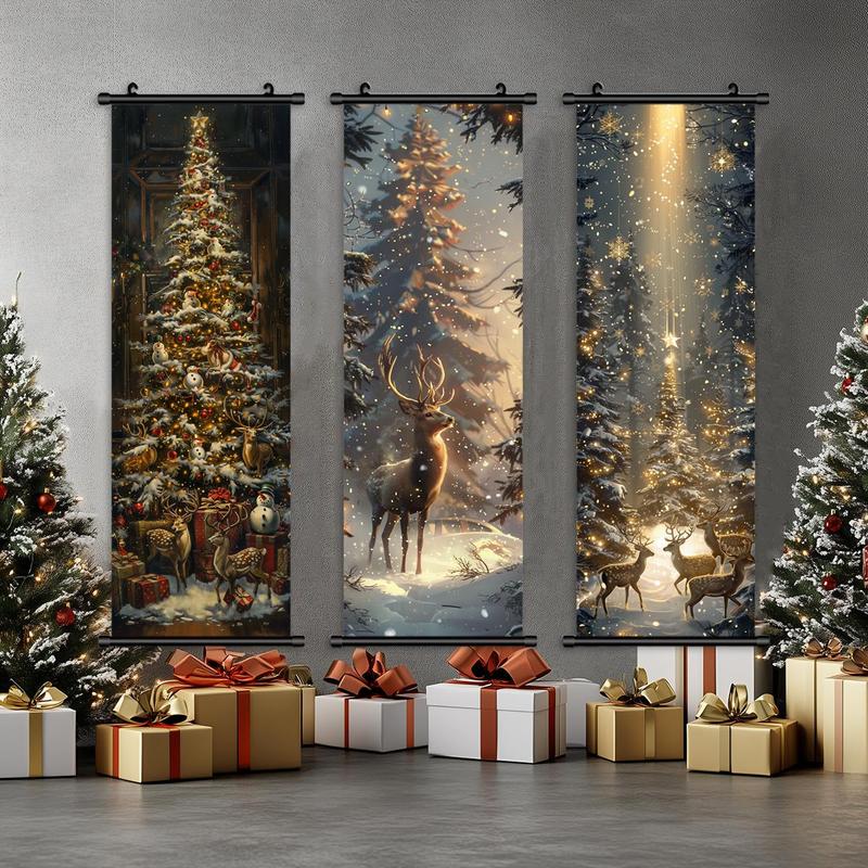 Christmas Themed Wall Banner, 3 Counts set Exquisite Christmas Tree & Deer Pattern Wall Decor, Wall Art for Home Living Room Bedroom Decor