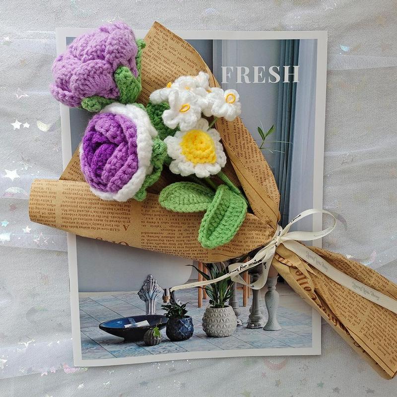 Handmade Crochet Floral Bouquet, Summer Realistic Knitted Cute Floral Bouquet, Handmade Flowers Bouquet, Decorative Indoor Plants, Home Decor, Room Decor, Home Accessories, Bedroom Accessories