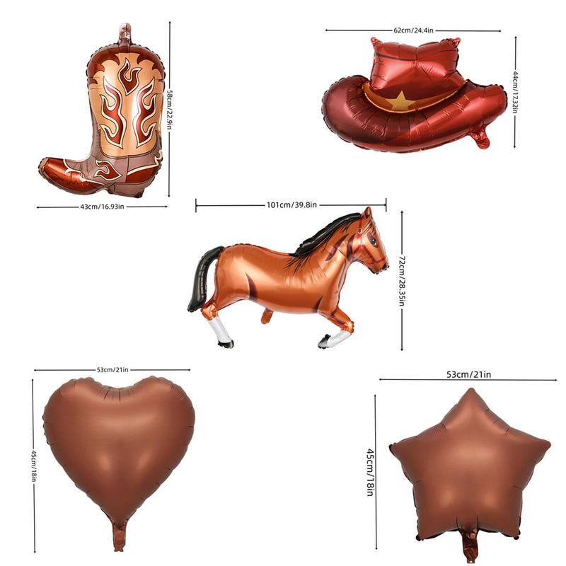 Cowboy Theme Balloon Set, 7 Counts set Horse & Cowboy Boots & Hat & Heart & Star Shape Inflatable Balloon, Birthday Party, Western Wild Party Decorative Supplies