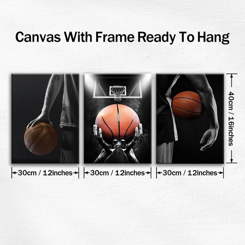 Basketball Themed Wooden Framed Canvas Painting, 3 Counts Modern Basketball Sports Wall Art, Wall Decor for Home Living Room Bedroom Office