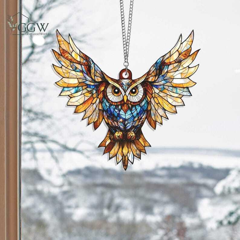 Owl Suncatcher Hanging Sign, Flying Owl Window Hanging, Owl Ornament, Owl Lover Gift, Bird Home Decor, Bird Lover Gift, Housewarming gift