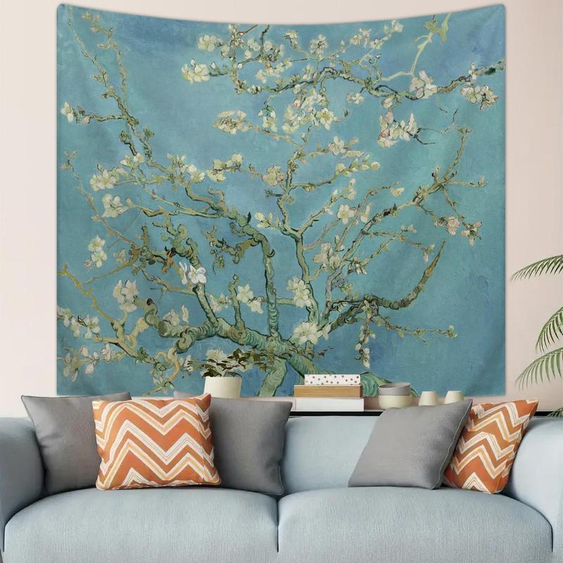 Tree Oil Painting Series Tapestry, 1 Count Plant and Flower Vintage Tapestry with Installation Kit, Bedroom and Living Room Art Decoration Wall Hanging