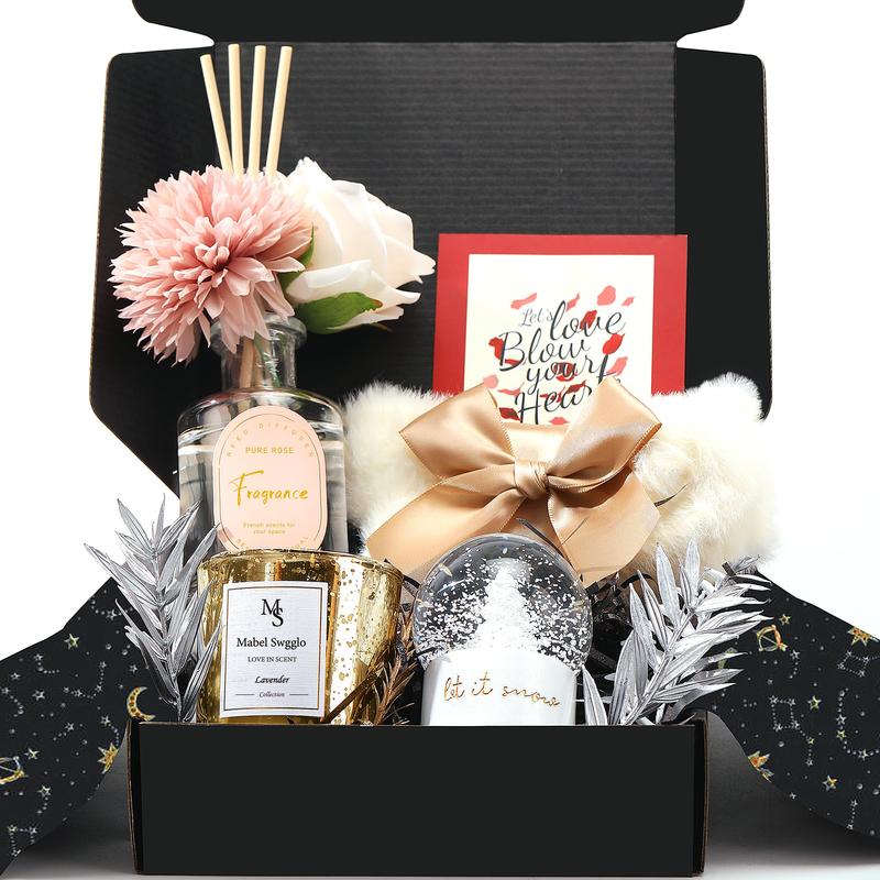 Gift Basket for Women - Christmas & Birthday Set with Candle, Reed Diffuser, Fuzzy Socks, Snow Globe, Flowers & More for Mom, Friends