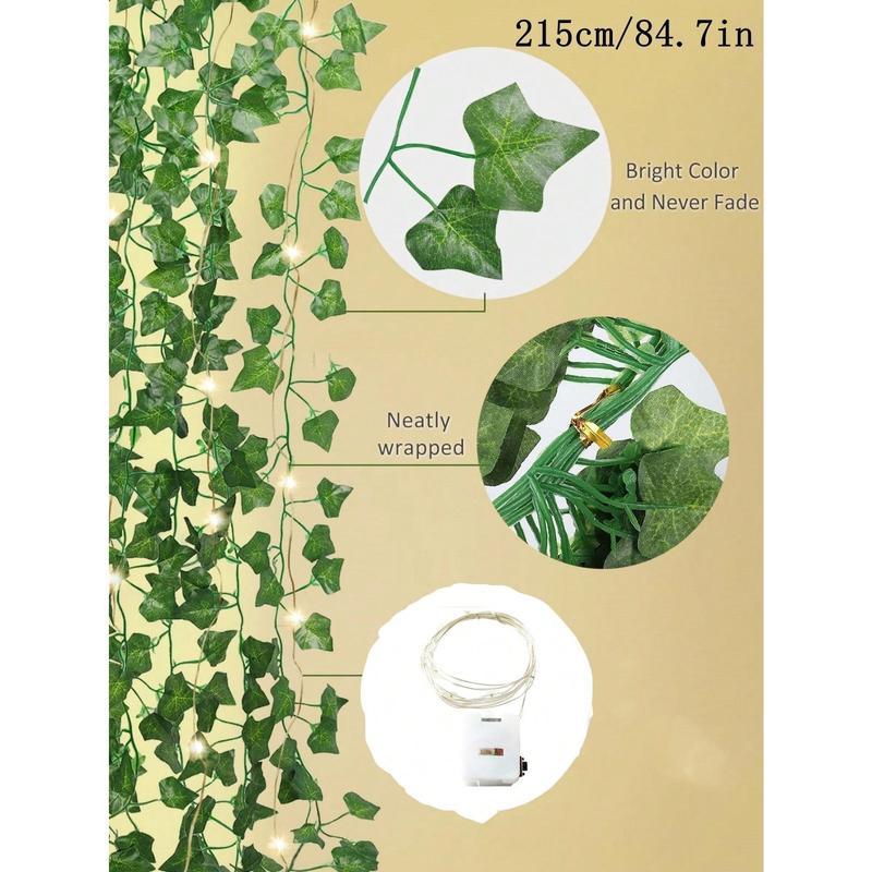 18Pack Set Fake Ivy Vines 7.05FT 12 Pack Artificial Ivy Leaf Plants Vine With 6Pcs 200cm LED String Light,Green Vines Garland Hanging For Home Kitchen Office Wedding Wall Decor, For Living Room Classroom Decor