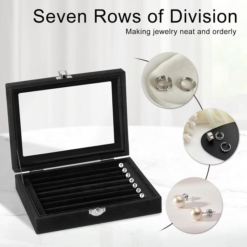 7 Slots Ring Holder Storage Box Velvet Ring Display Case  Earrings Necklace Organizer Tray with Top Glass Lid Store Showcase Gift for Women Girls (Black)