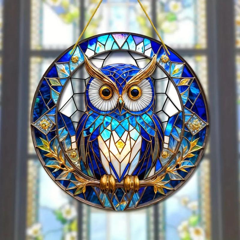 Stunning 8x8 Inch Pre-Drilled Stained Glass Owl Hanging Decoration - Perfect for Windows, Doors, Walls, and More - Weather Resistant and Waterproof - Ideal for Home Decor and Festive Occasions