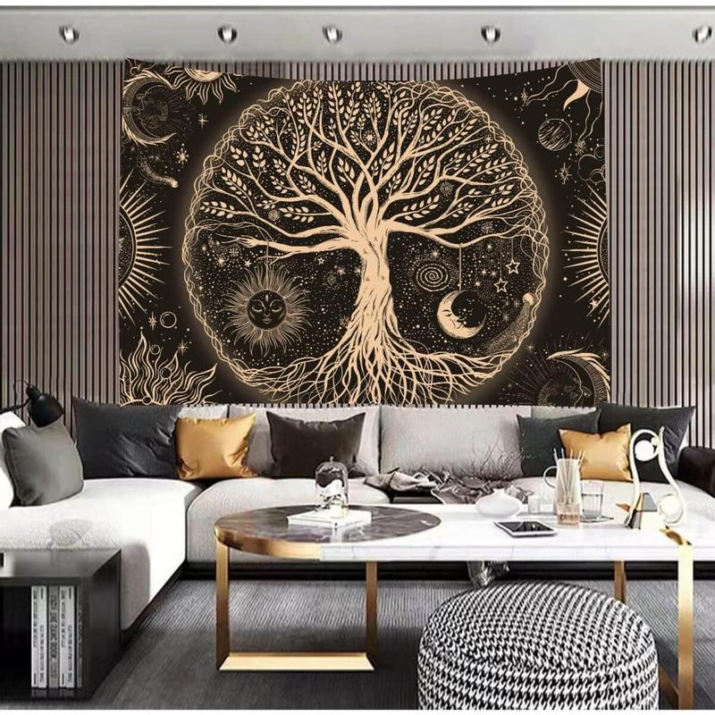 Tree of Life Tapestry Wall Hanging Sun Moon Stars Tapestries Aesthetic Galaxy Wall Tapestry Nature Home Decoration for Living Room Bedroom(36 x 48 Inch, Black and Gold)