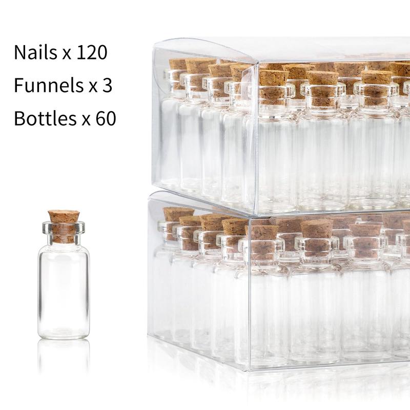 60pcs 2mL Mini Glass Bottles, Spell Jars with Cork Stoppers, Small Vials with Eye Screws and Funnels for Art Crafts Wedding Party Favors